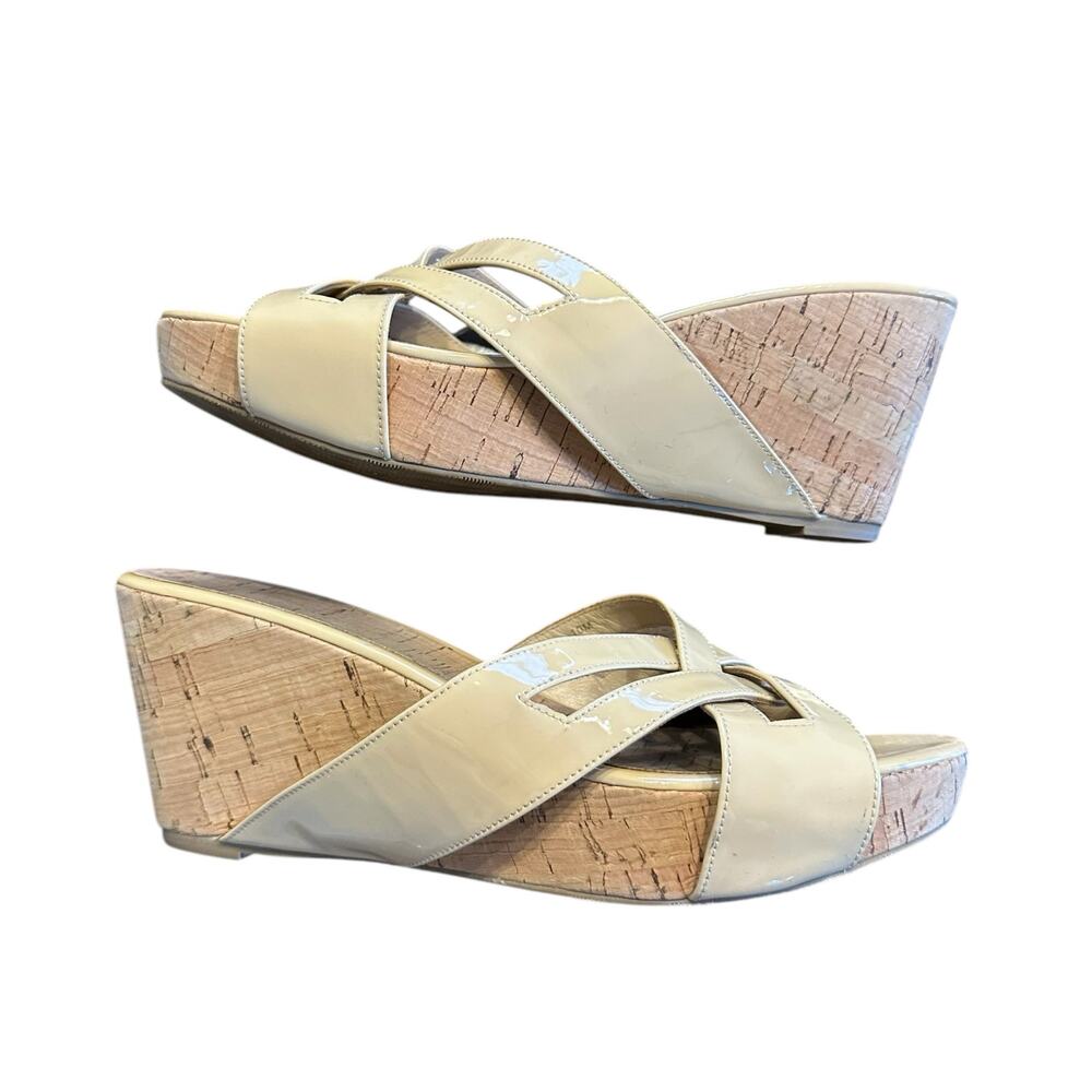 Delman Womens tan patent leather sandals cork wedge platform Size 10M